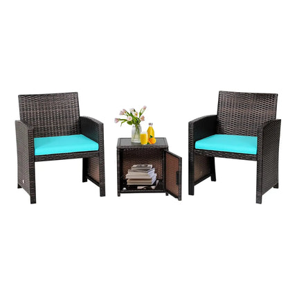 3 Pieces Outdoor Wicker Conversation Set with Waterproof Cover, 2 Patio PE Rattan Cushioned Chairs with Side Storage Table, Suit
