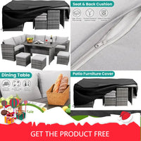 seven-piece outdoor patio furniture set with dining table and chairs, all-weather wicker conversation set including ottoman