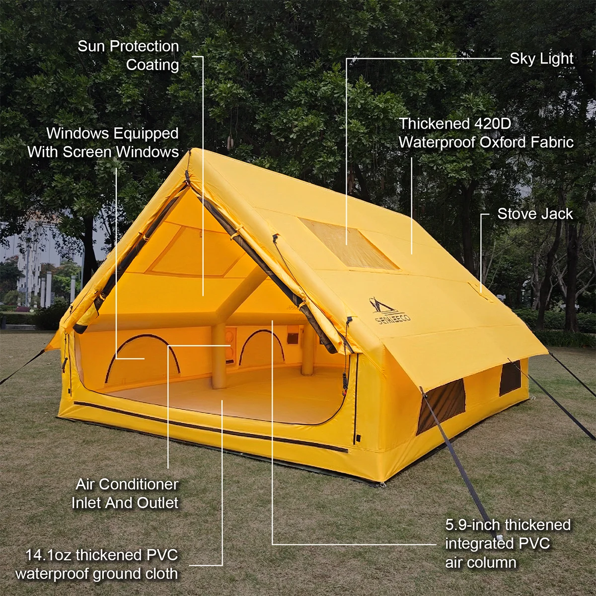 129 Square Feet Large Inflatable Camping Tent 6-8 Person,4 Season Waterproof Inflatable Tent House with AC Vent&Stove Jack