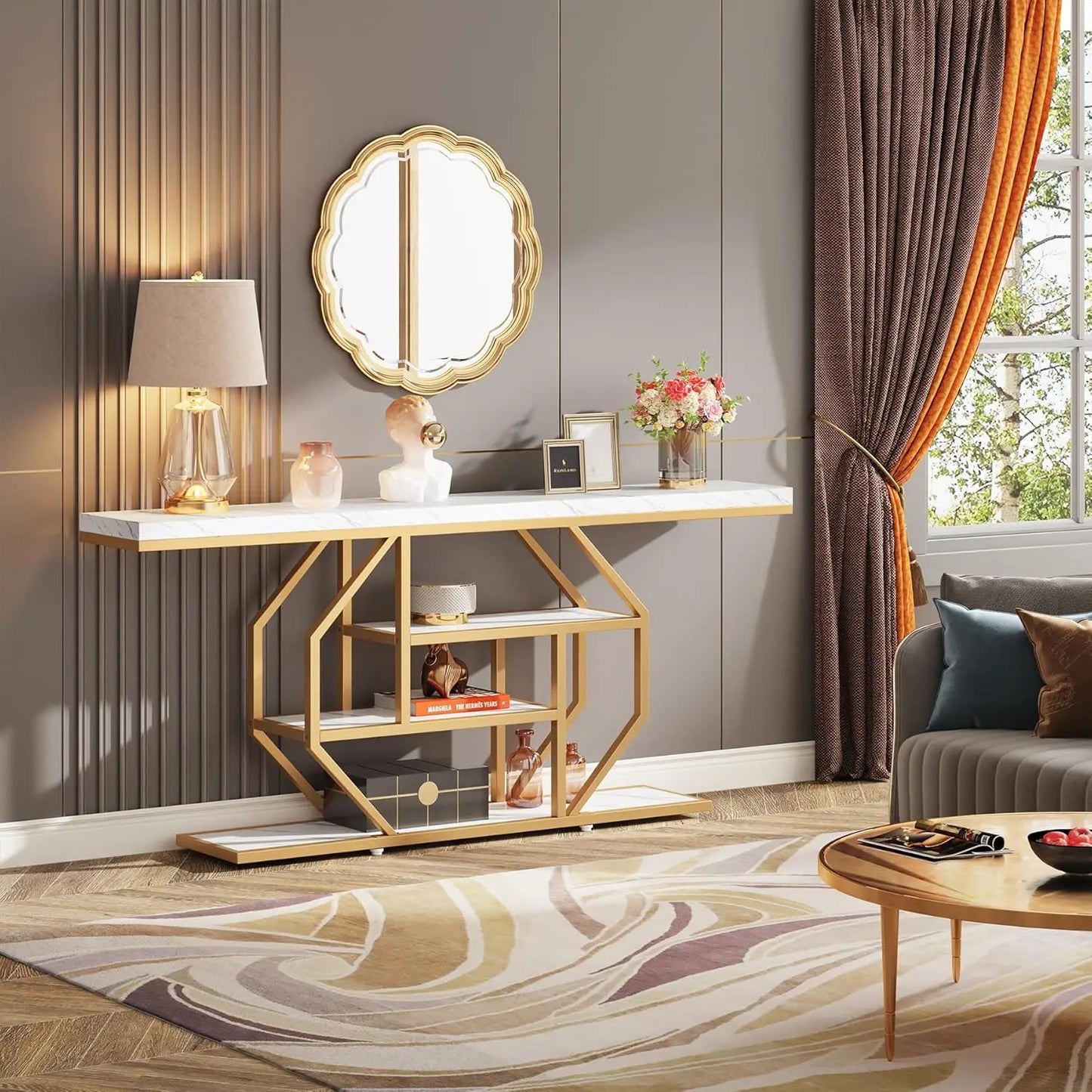 LITTLE TREE 70.9 inch Extra Long Console Table, Gold Sofa Table Behind Couch with Storage for Living Room, Hallway, Entrance