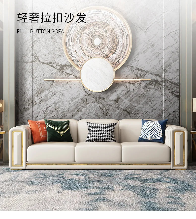 Cross-border Light Luxury Sofa Simple Modern Leather Sofa Italian Minimalist Villa Living Room Buckle Leather Sofa Combination