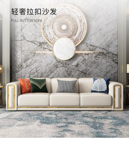 Cross-border Light Luxury Sofa Simple Modern Leather Sofa Italian Minimalist Villa Living Room Buckle Leather Sofa Combination