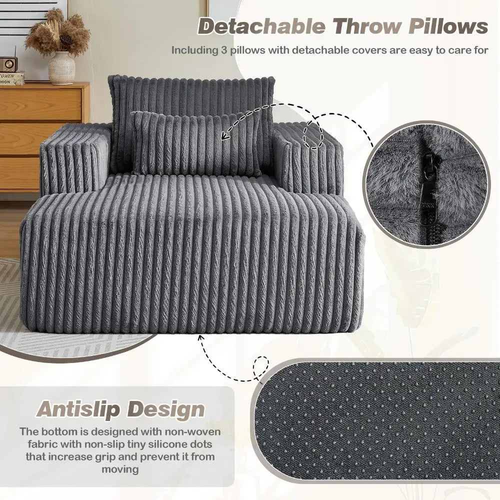 Oversized Chaise Longue Chair Indoor, Modern 48.5-inch Upholstered Corduroy Deep Seat Single Cloud Lounge Floor Sofa Couch