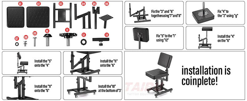 TAIDU Multi Functional Tattoo Chair Leathery Back Adjust Tattoo Salon Chairs Steel Frame Lift Tattoo Bench For Tattoo Artist