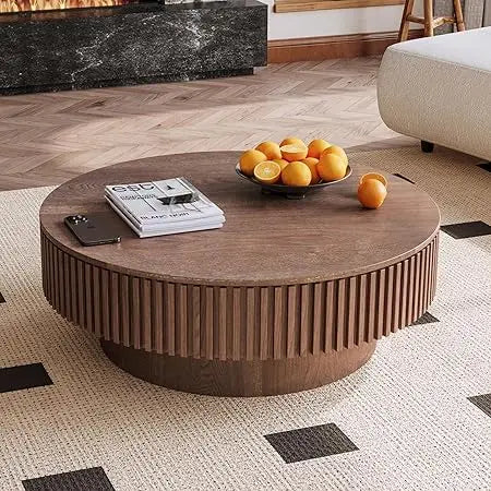 Round Coffee Table, Modern Black Side Table End Table for Living Room, Wood Circle Drum Coffee Table with Handcrafted Relief, Co