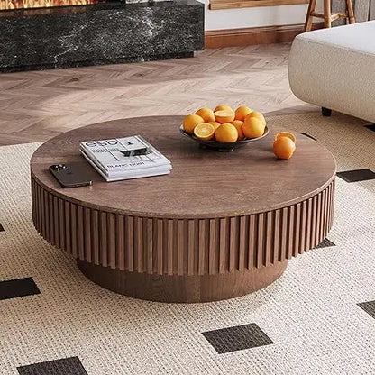 Round Coffee Table, Modern Black Side Table End Table for Living Room, Wood Circle Drum Coffee Table with Handcrafted Relief, Co