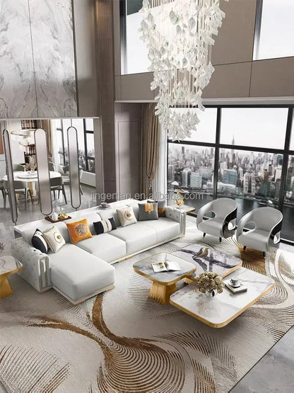 Italian light luxury sofa living room leather sofa first layer cowhide buckle design luxury combination sofa size apartment