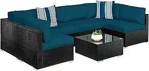 Seven Piece Modular Set, Outdoor Sectional Wicker Patio, Conversation With Two Pillows, Coffee Table Cover Included
