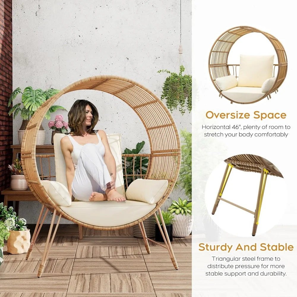 Outdoor Egg Chair, Oversized Wicker Patio Chairs with 6.69'' Cushions, 350LBS Capacity, Indoor Round Rattan Nest Chair with Sta