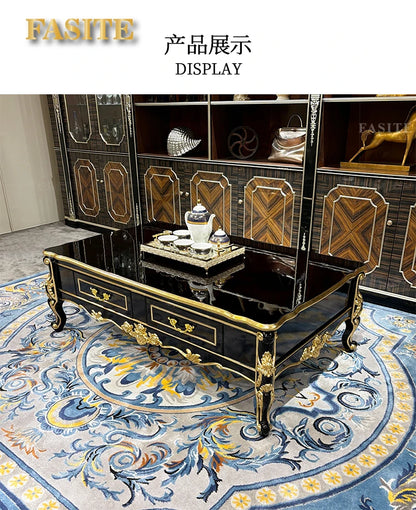 French solid wood large coffee table European rectangular solid wood carving double-layer tea table