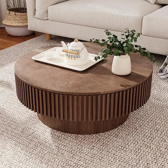 31.5 Round Coffee Table with Hidden Storage, Solid Wood Drum Coffee Table Tea Table for Living Room, Bedroom, Apartment or Offic