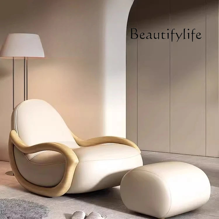 Household balcony leisure chair sofa solid wood rocking chair Chinese lazy sofa recliner environmentally friendly leather