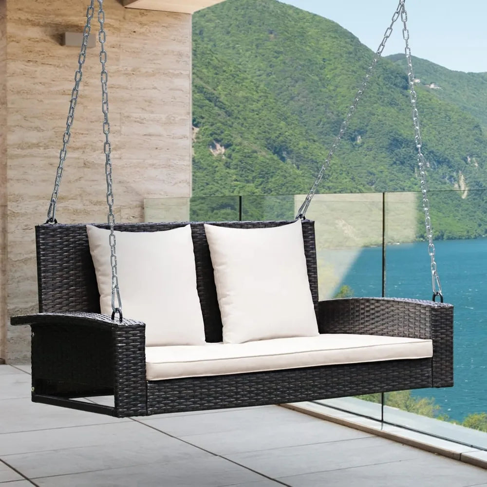Two-Seat Outdoor Patio Rattan Wicker Swing with 7.9 Ft Steel Chains and Comfortable Backrest for Relaxation
