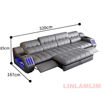 Modern Sectional Sofa Bed with LED Light, Electric Recliner and Massage | Living Room Genuine Leather Couch with Cup Holder, USB