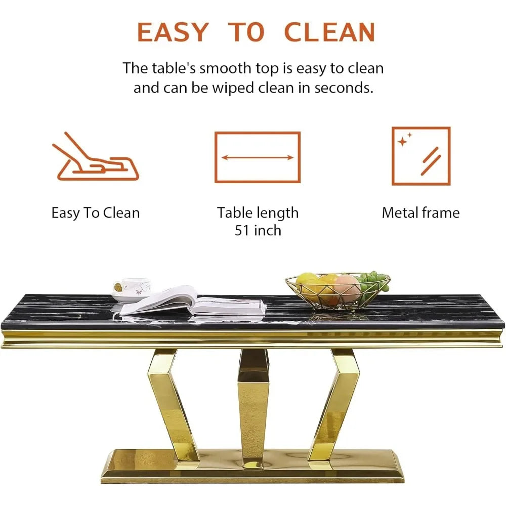 Gold Coffee Table, Modern Coffee Table with Four Geometric Mirror Bases, Rectangular Tea Table with Metal Frame, 48