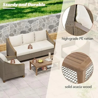ad 4-Piece Furniture Outdoor Conversation Sofa Set with Wooden Coffee Table and Cushions Seating, 5 People Patio Couch Sectional