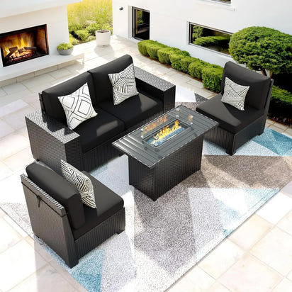 gray wicker outdoor patio furniture set with fire pit and thick cushions