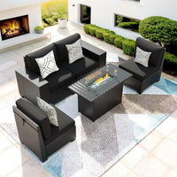gray wicker outdoor patio furniture set with fire pit and thick cushions