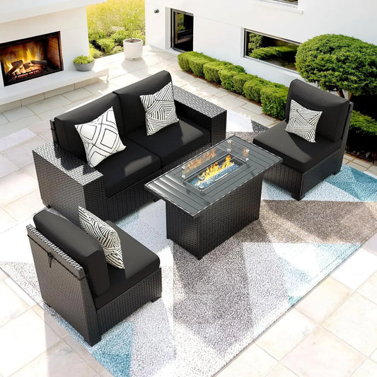 5-piece brown wicker outdoor patio furniture set with fire pit table and sectional sofa for deck and garden conversation area