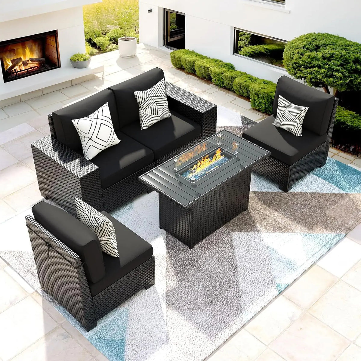 gray wicker outdoor sectional sofa set with 5-piece patio furniture and fire pit table