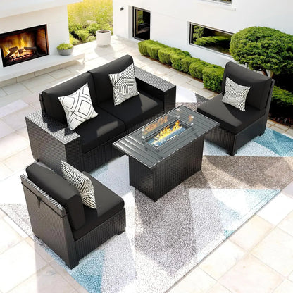 gray wicker outdoor sectional sofa set with 5-piece patio furniture and fire pit table