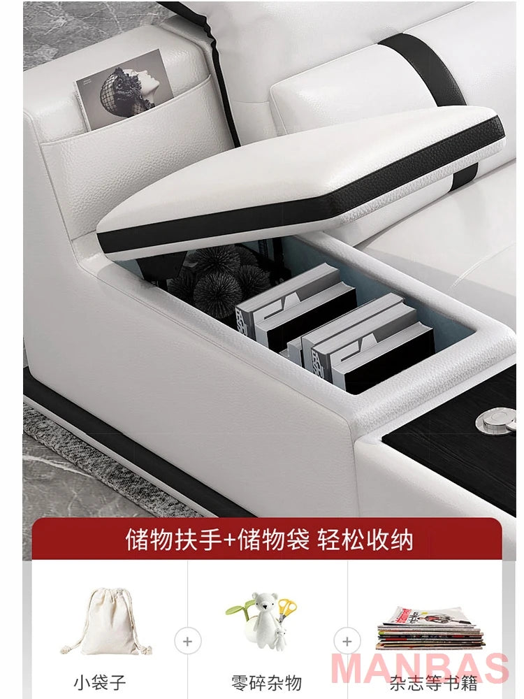 a48 Italy Genuine Leather Sectional Sofa with Bluetooth Speaker,Functional Headrest,Massage Chaise | L Shape Corner Couch