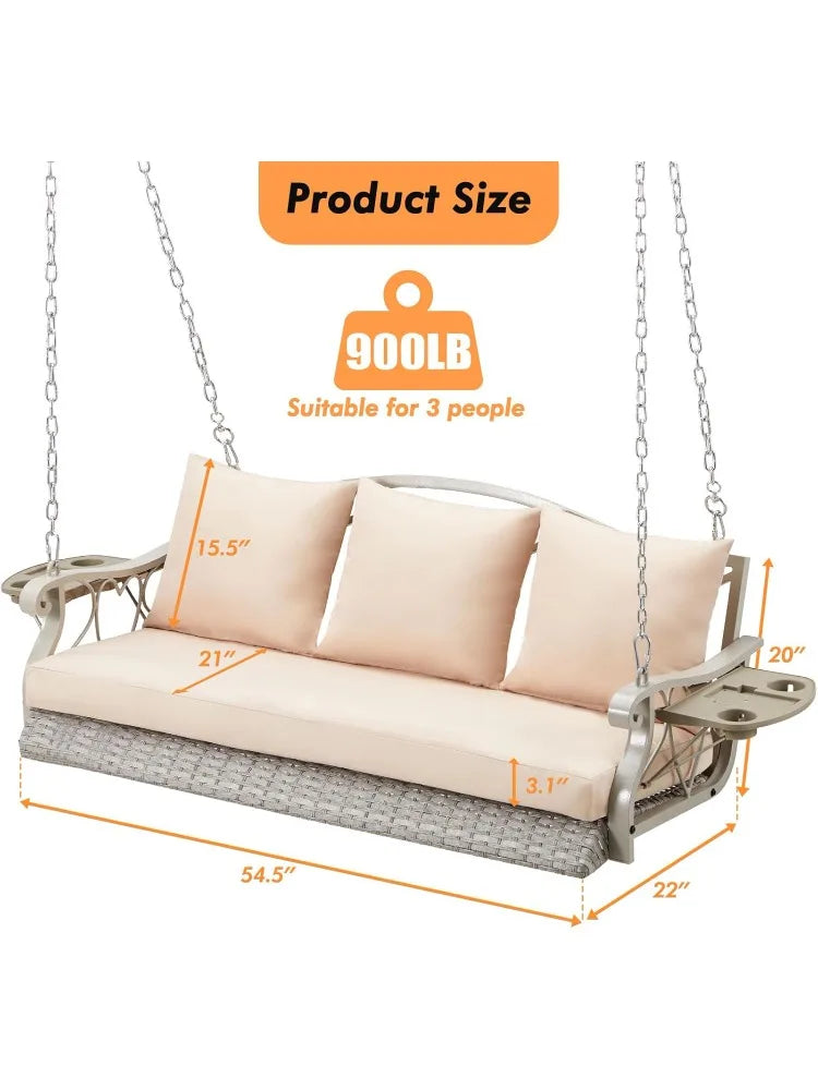 3-Person Wicker Porch Swing Chair Heavy Duty 900 LBS Outdoor Rattan Patio Swing Chair w/Cup-Holder & Steel Chains Hanging Bench