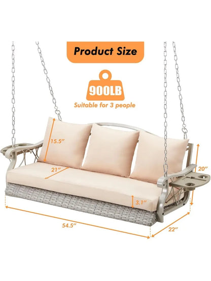 3-Person Wicker Porch Swing Chair Heavy Duty 900 LBS Outdoor Rattan Patio Swing Chair w/Cup-Holder & Steel Chains Hanging Bench