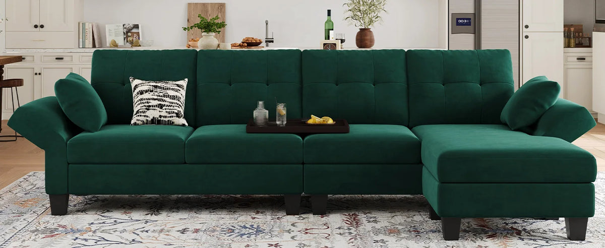 L Shaped Sofa 4 Seat Sofa with Chaise L-Shaped Couches Reversible Sectional Sofa (Dark Green, L Shaped Couch)