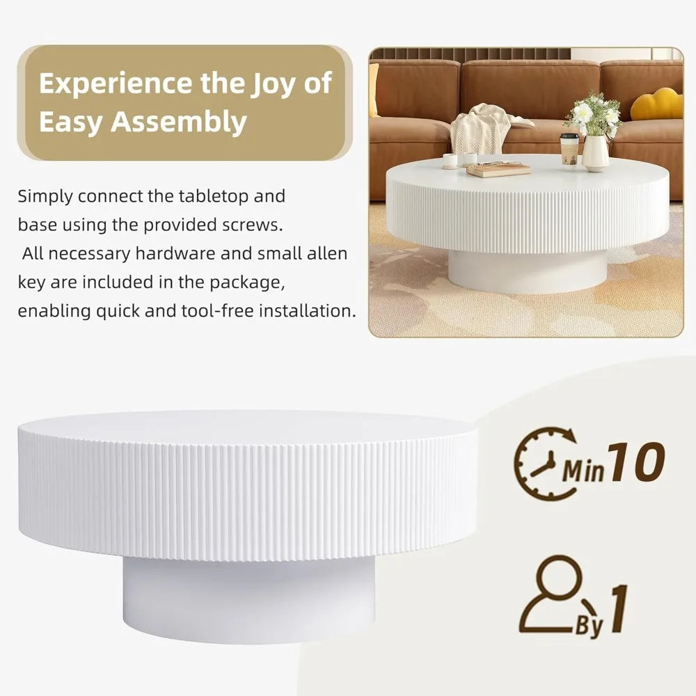 modern 31 inch round coffee table with sturdy base, wood center tables for living room reception room, easy assemble, white