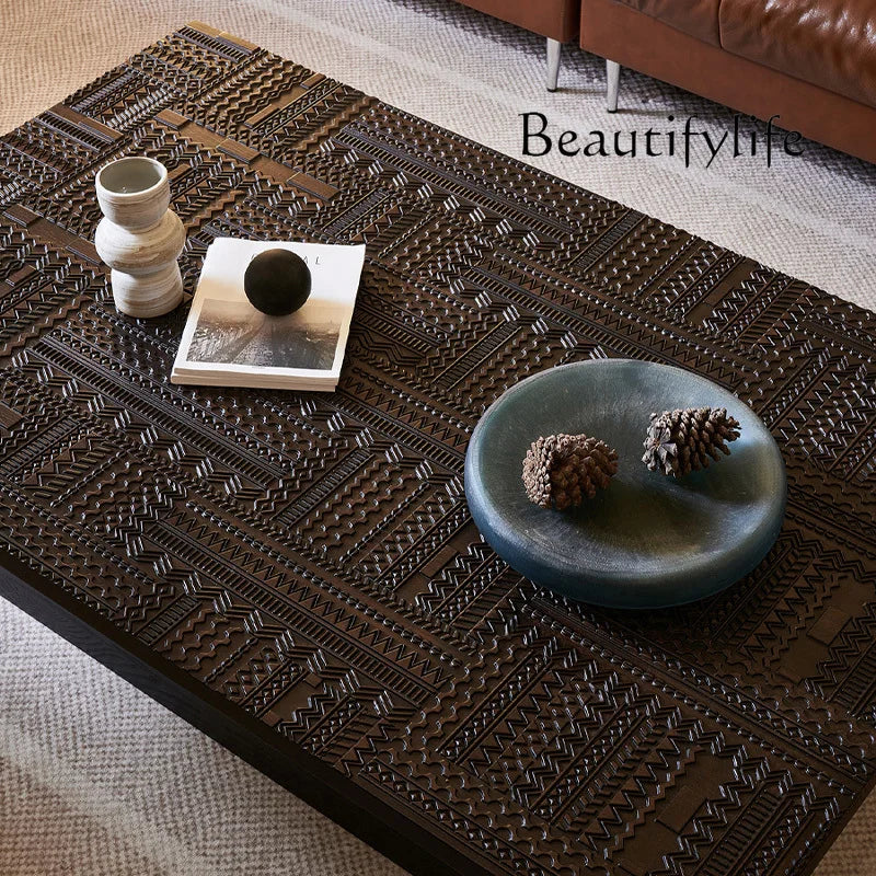 Retro coffee table light luxury high sense solid wood carving flower home living room minimalist high-end designer