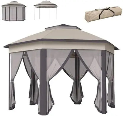 13' x 13' Pop Up Gazebo, Hexagonal Canopy Shelter with 6 Zippered Mesh Netting, Event Tent with Strong Steel Frame for