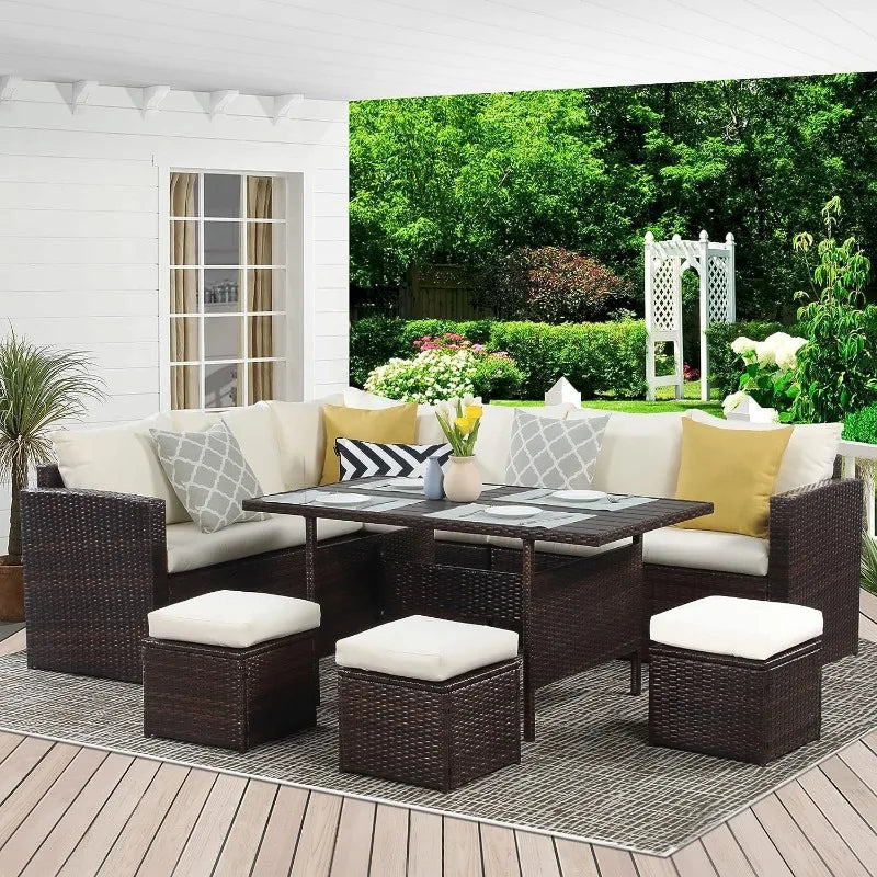 Wisteria Lane Outdoor Patio Furniture Set, 7 Piece Outdoor Dining Sectional Sofa with Dining Table and Chair, All Weather Wicker