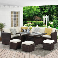 Wisteria Lane Outdoor Patio Furniture Set, 7 Piece Outdoor Dining Sectional Sofa with Dining Table and Chair, All Weather Wicker