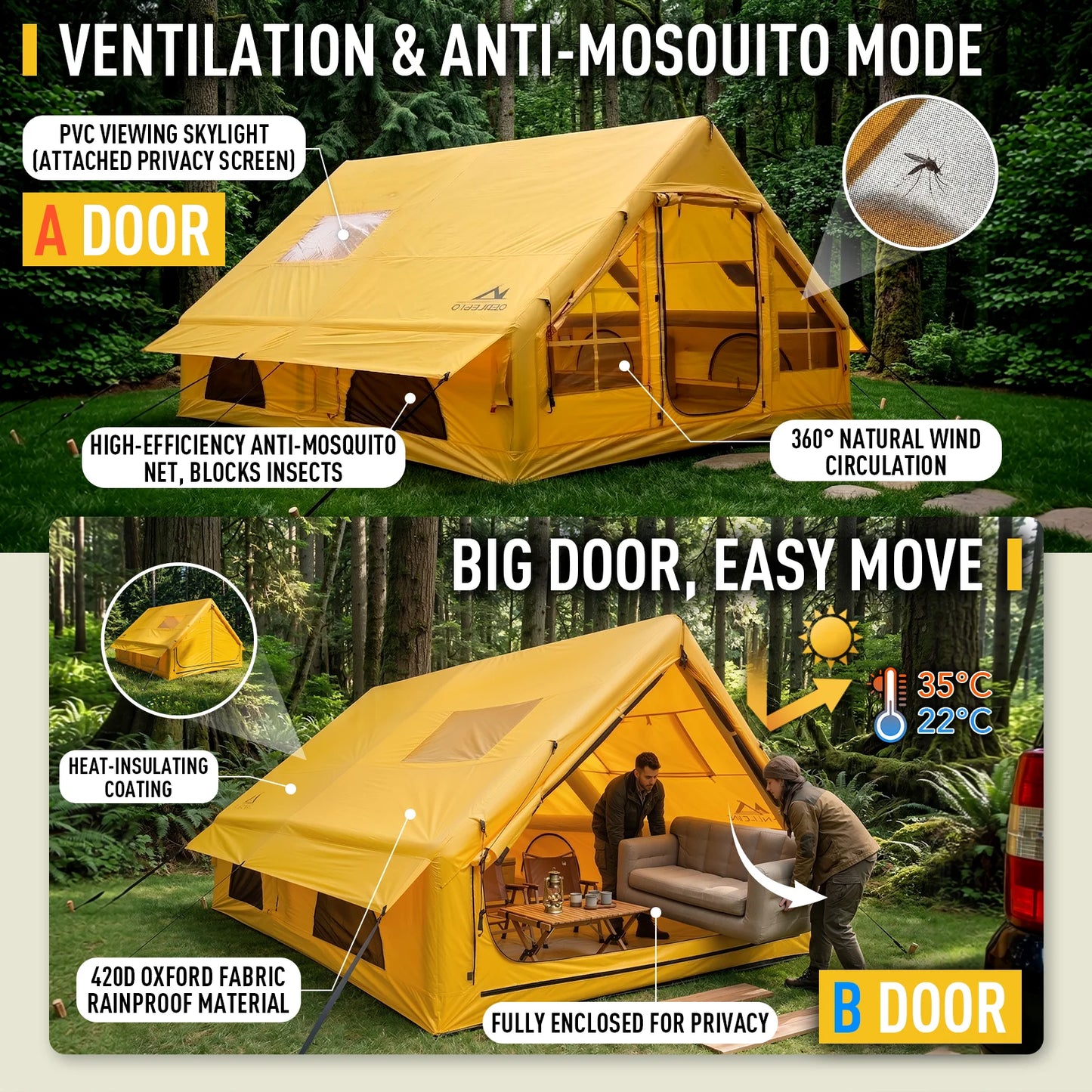 129 Square Feet Large Inflatable Camping Tent 6-8 Person,4 Season Waterproof Inflatable Tent House with AC Vent&Stove Jack