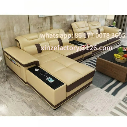 Customizable Modern Living Room Sofas L Shape Corner Genuine Leather Couch with Speake,Radio,USB, Bluetooth, Cup Holder