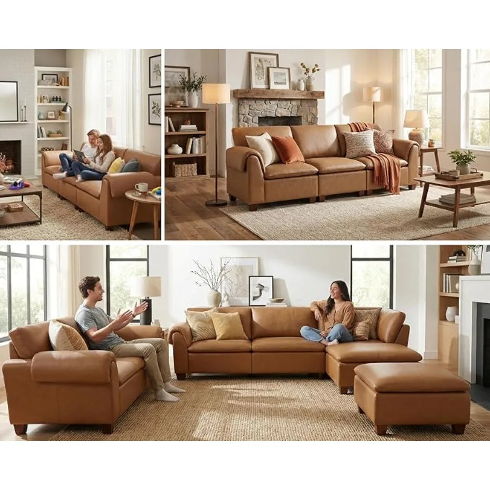 Modern Cloud Couch with Ottoman, 85 Inch Modular Sectional Sofa 3 Seat U Shaped with Waterfall Armrest Cushion Bac