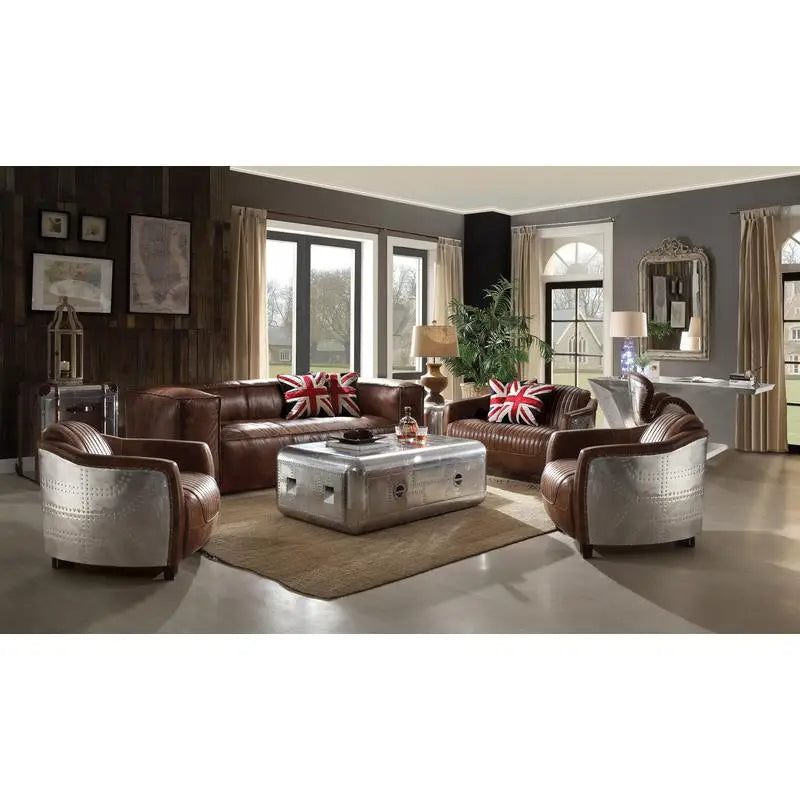 Retro Brown Leather & Aluminum Living Room Set