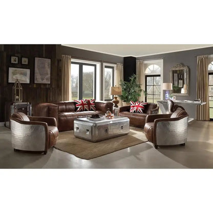 Retro Brown Leather & Aluminum Living Room Set
