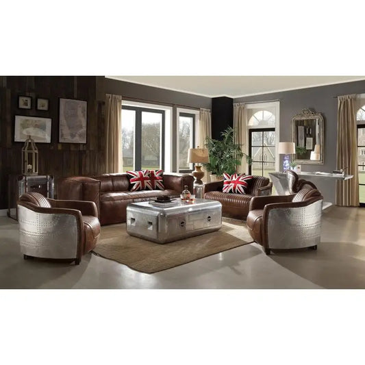 Retro Brown Leather & Aluminum Living Room Set