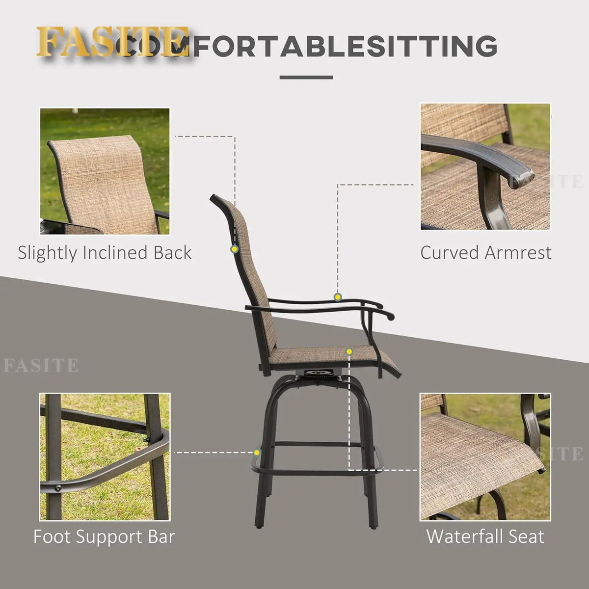 Set of 2 Outdoor Swivel Bar Stools with Armrests, Bar Height Patio Chairs with Steel Frame for Balcony, Poolside, Backyard