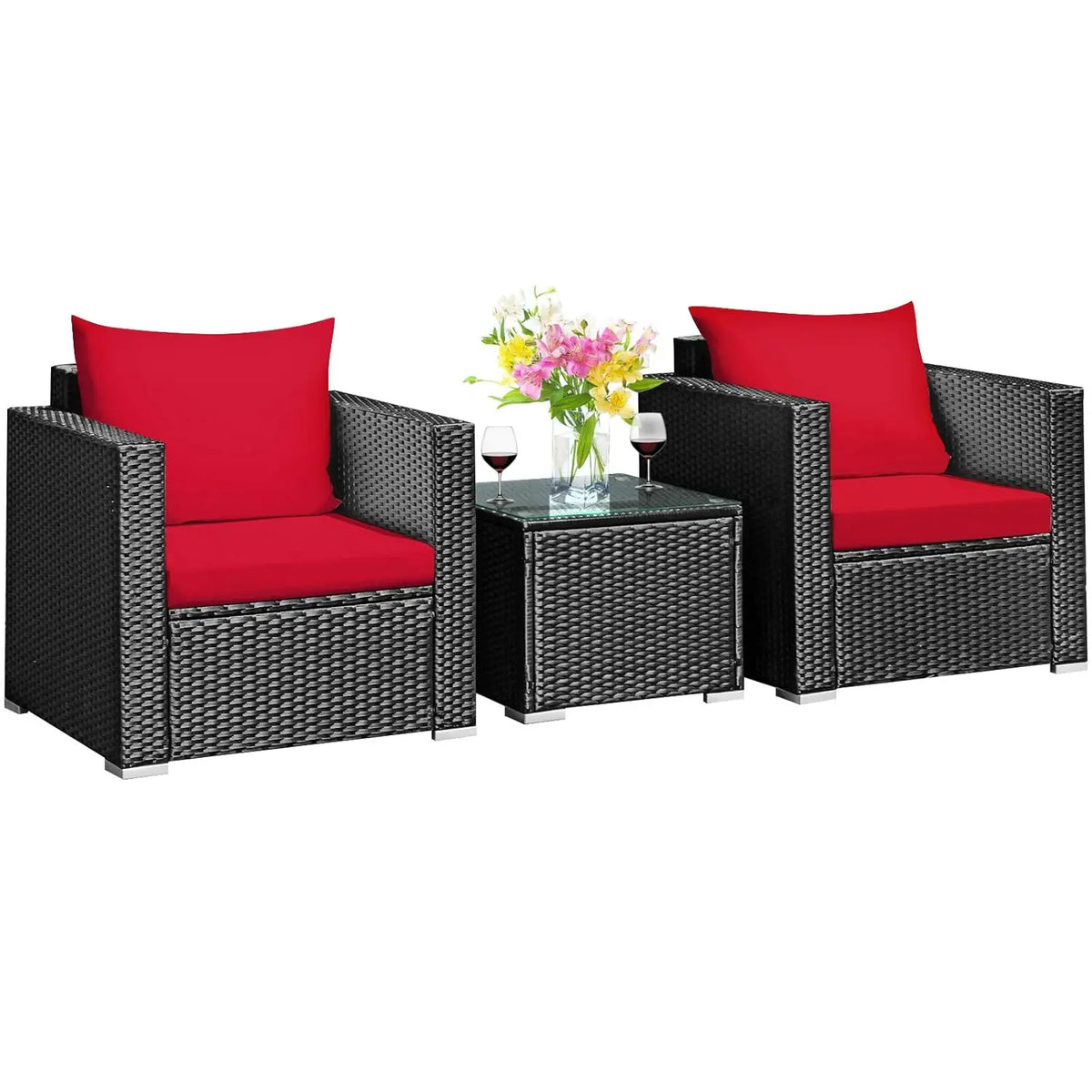 3 Pieces Patio Furniture Set, Outdoor Conversation Rattan Furniture Set w/Washable Cushion and Tempered Glass Tabletop, PE Ratta