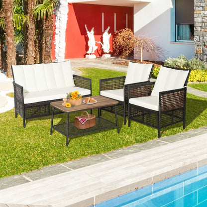 4PCS Patio Rattan Furniture Set Cushioned Chairs Wood Table Top W/Shelf