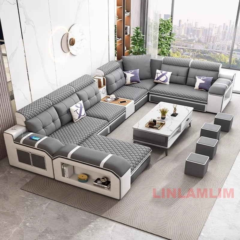 MANBAS Modern U-Shaped Fabric Sectional Sofa with Storage, Adjustable Headrests & USB Charging - Comfortable Quilted Upholstery