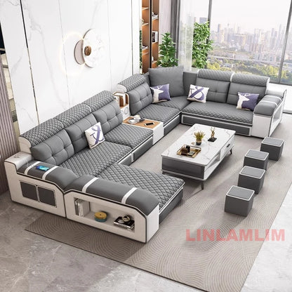 MANBAS Modern U-Shaped Fabric Sectional Sofa with Storage, Adjustable Headrests & USB Charging - Comfortable Quilted Upholstery
