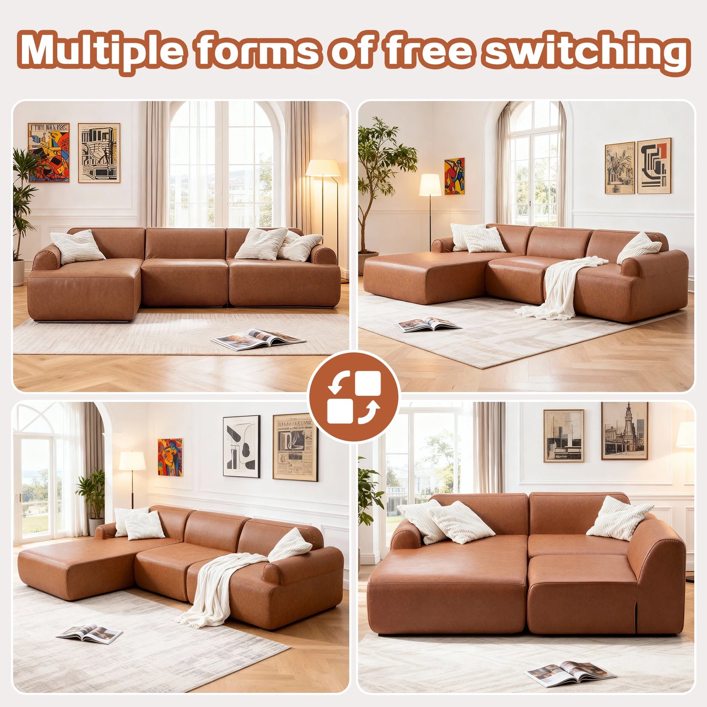 Segmented Seating L-shaped oversized modular leather segmented sofa, leather deep seat m ...