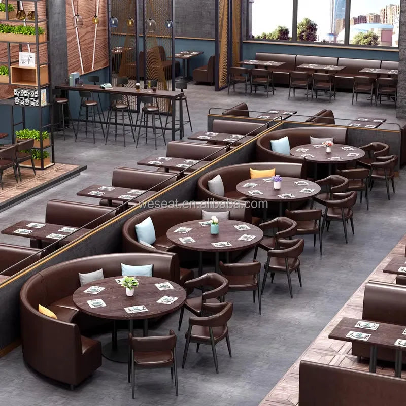 Durable Industrial Wood Cafe Restaurant Furniture Bistro Table Set Canteen Booth Seating Sofa