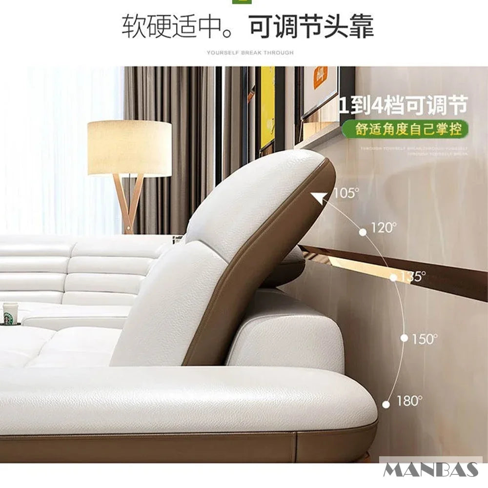 Luxury L-Shaped Genuine Leather Sectional Sofa Sets with USB, Bluetooth Speaker - MANBAS Living Room Italian Leather Couches