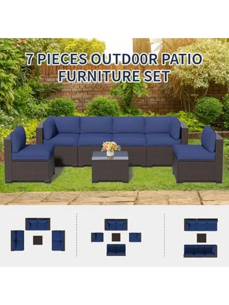 Outdoor Patio Furniture Set, Rattan Sectional Sofa, Conversation Set with Waterproof Cushion and Coffee Table, for Deck