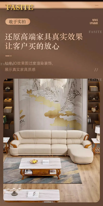 New Chinese leather sofa first layer cowhide ebony wood Italian light luxury sofa living room combination U solid wood furniture